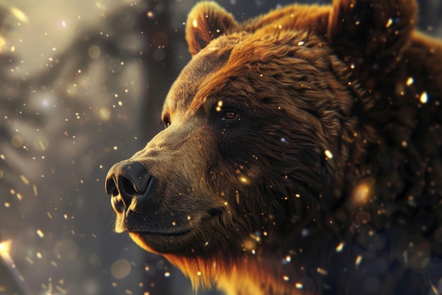 Foto um close de um urso castanho na neve perfeito para desenhos de vida selvagem ou de inverno