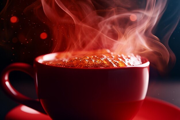 Foto um close de um vapor de caneca de café vermelho vibrante subindo 00067 01