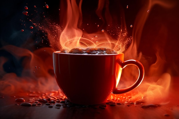 Foto um close de um vapor de caneca de café vermelho vibrante subindo 00067 02