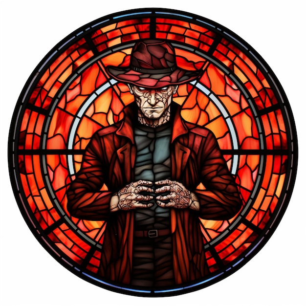 um close de um vitral com um homem de chapéu IA generativa