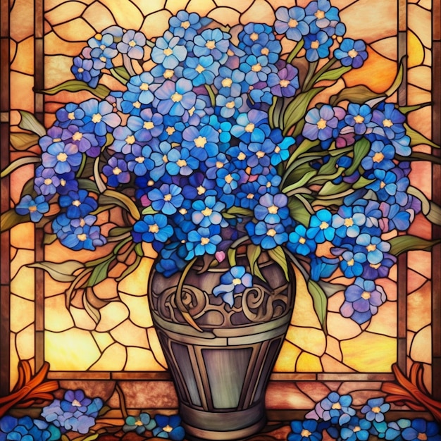 um close de um vitral com um vaso de flores generativo ai