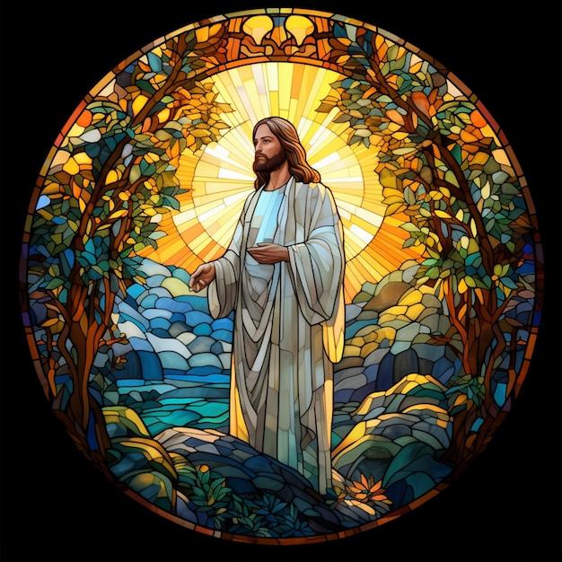 um close de um vitral com uma imagem de Jesus generativa ai