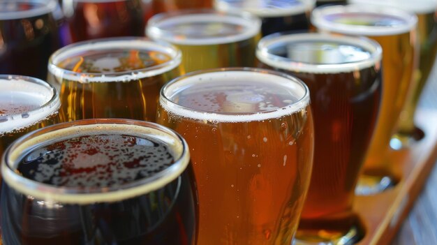 Um close de um voo de cervejas não alcoólicas mostrando as diversas cores e sabores de cada única