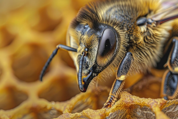 Um close de uma abelha em um favo de mel conceito do Dia Mundial das Abelhas