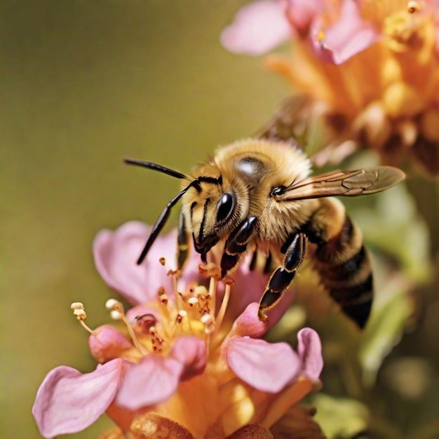 Um close de uma abelha polinizando uma flor em flor