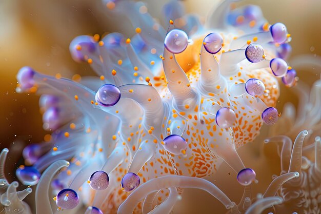 Um close de uma anêmona marinha com bolhas