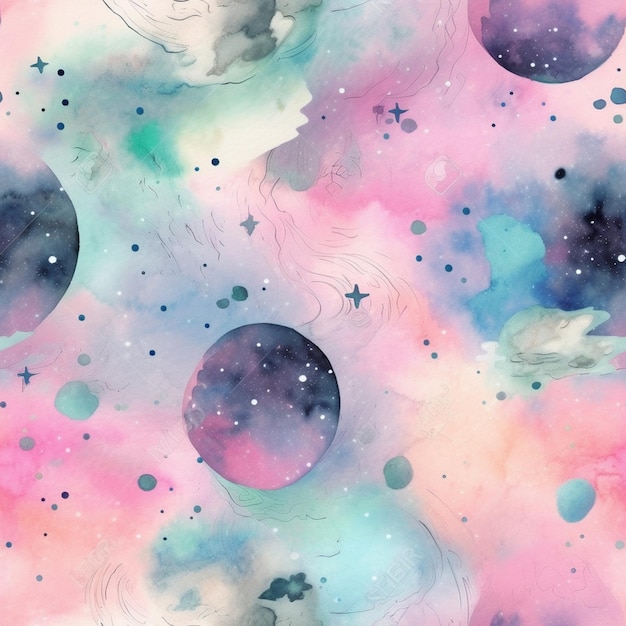 um close de uma aquarela colorida de planetas e estrelas generativa ai