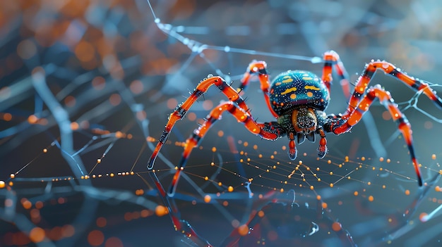 Foto um close de uma aranha colorida em sua teia a aranha está em foco enquanto a teia está desfocada no fundo