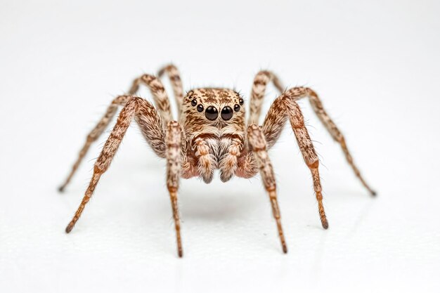 Um close de uma aranha saltando em uma superfície branca