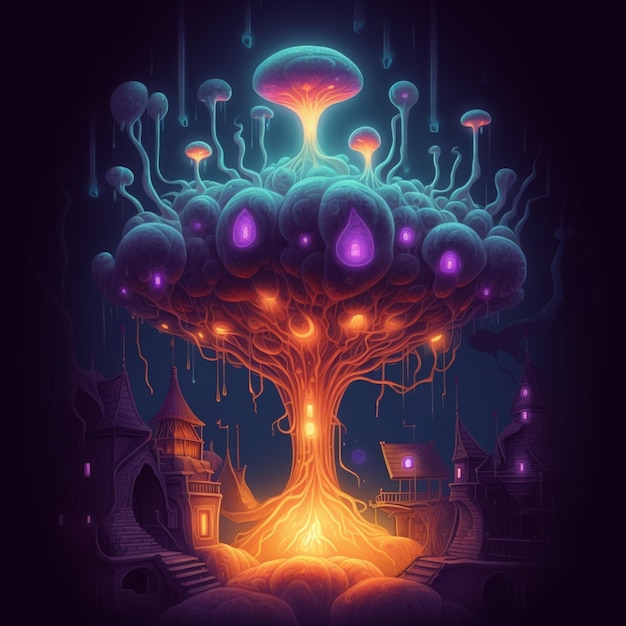 um close de uma árvore com muitos cogumelos brilhantes nela, IA generativa