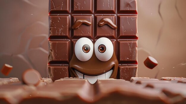 Um close de uma barra de chocolate com um rosto engraçado A barra de chocolate está sorrindo e tem grandes olhos googly Ele está cercado por outras barras de chocolate