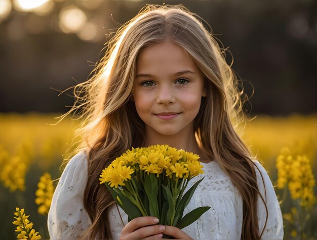 Um close de uma bela jovem segurando flores amarelas