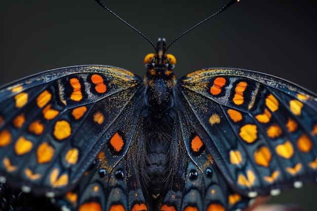 Um close de uma borboleta preta e laranja