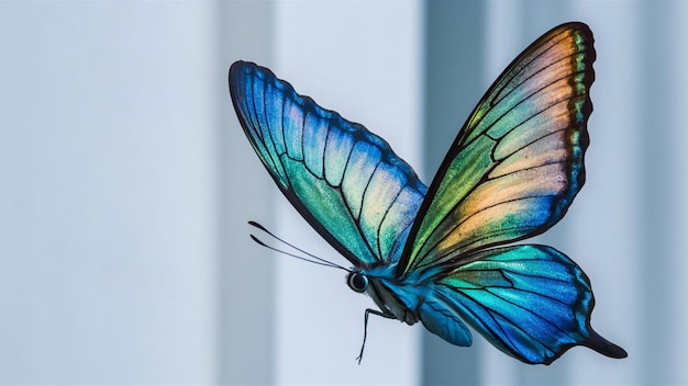 Um close de uma borboleta vibrante com detalhes intrincados em voo