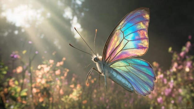Foto um close de uma borboleta vibrante em voo
