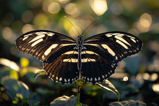 Foto um close de uma borboleta zebra longwing suas asas de listras pretas e brancas impressionantes movendo-se graciosamente