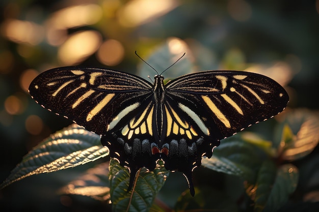 Um close de uma borboleta Zebra Longwing suas asas de listras pretas e brancas impressionantes movendo-se graciosamente