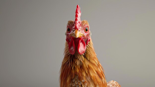 Foto um close de uma cabeça de galo o galo está olhando para a câmera com o bico ligeiramente aberto suas penas são castanhas e seu pente é vermelho