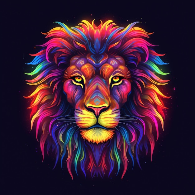 um close de uma cabeça de leão com cores brilhantes generativa ai