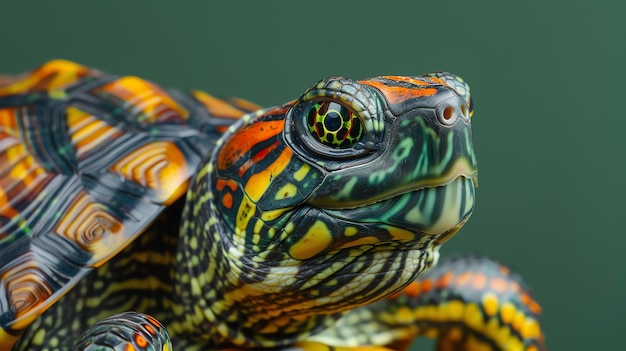 Foto um close de uma cabeça de tartaruga com uma concha colorida a tartaruga está olhando para a câmera com seus grandes olhos redondos