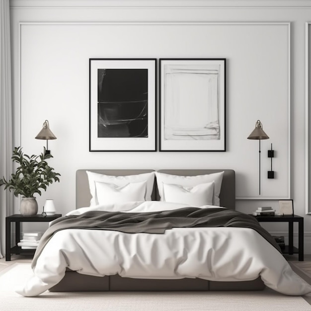 um close de uma cama com um edredom branco e uma imagem em preto e branco generativa ai