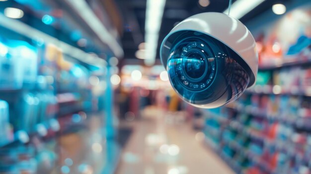 Um close de uma câmera de segurança em forma de cúpula instalada em uma loja de varejo monitorando discretamente a atividade sem invadir a privacidade do cliente