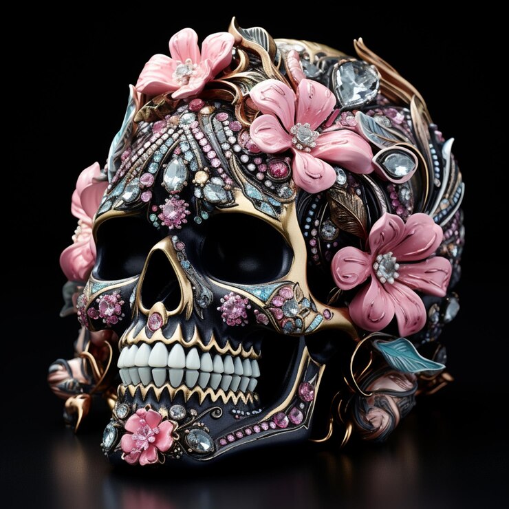 Foto um close de uma caveira com uma coroa de flores ai generativa