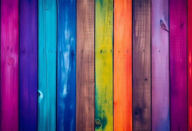 Foto um close de uma cerca de madeira colorida com fundo preto ia generativa