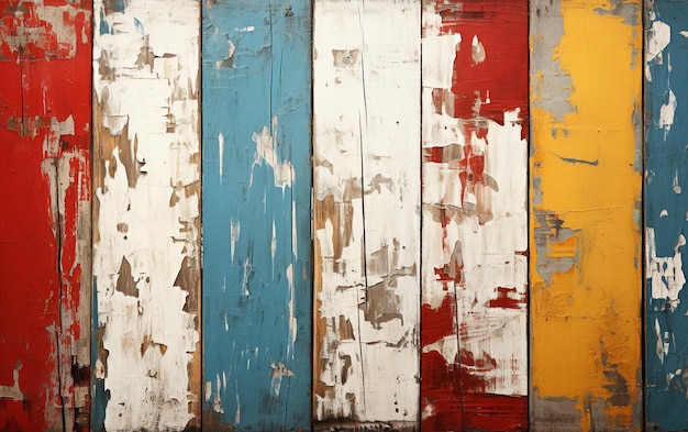 Foto um close de uma cerca de madeira pintada colorida com tinta descascada generativa ai