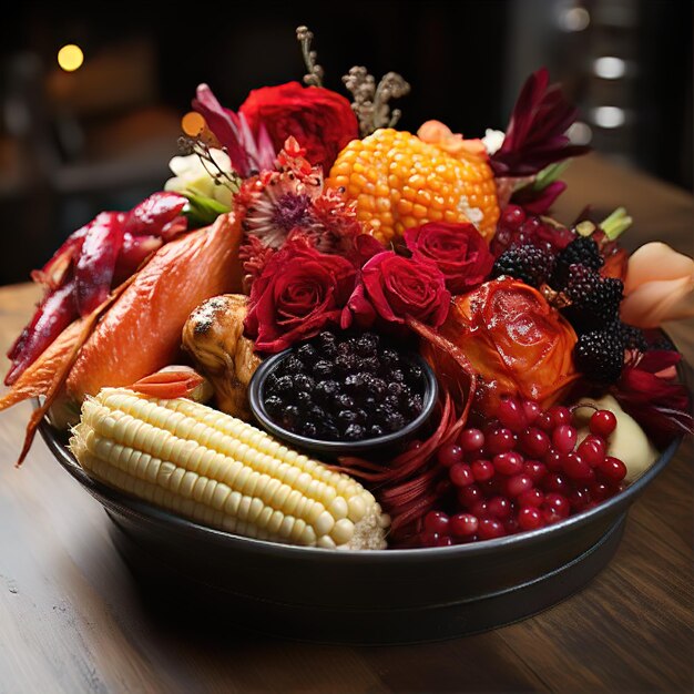 Foto um close de uma cornucópia cheia de comida de ação de graças