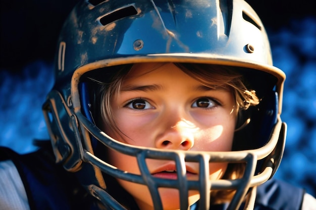 Um close de uma criança usando um capacete de beisebol Menino com um capacete Equipamento de proteção esportiva Esportes infantis