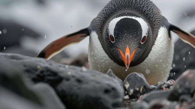 Um close de uma expressão determinada de um pinguim enquanto se concentra atentamente em navegar no terreno irregular