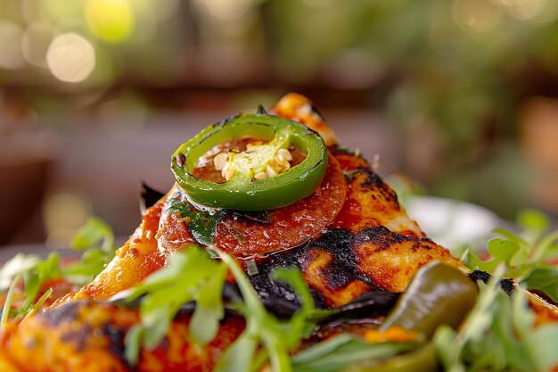 Foto um close de uma fatia de chorizo picante e pizza jalapeno