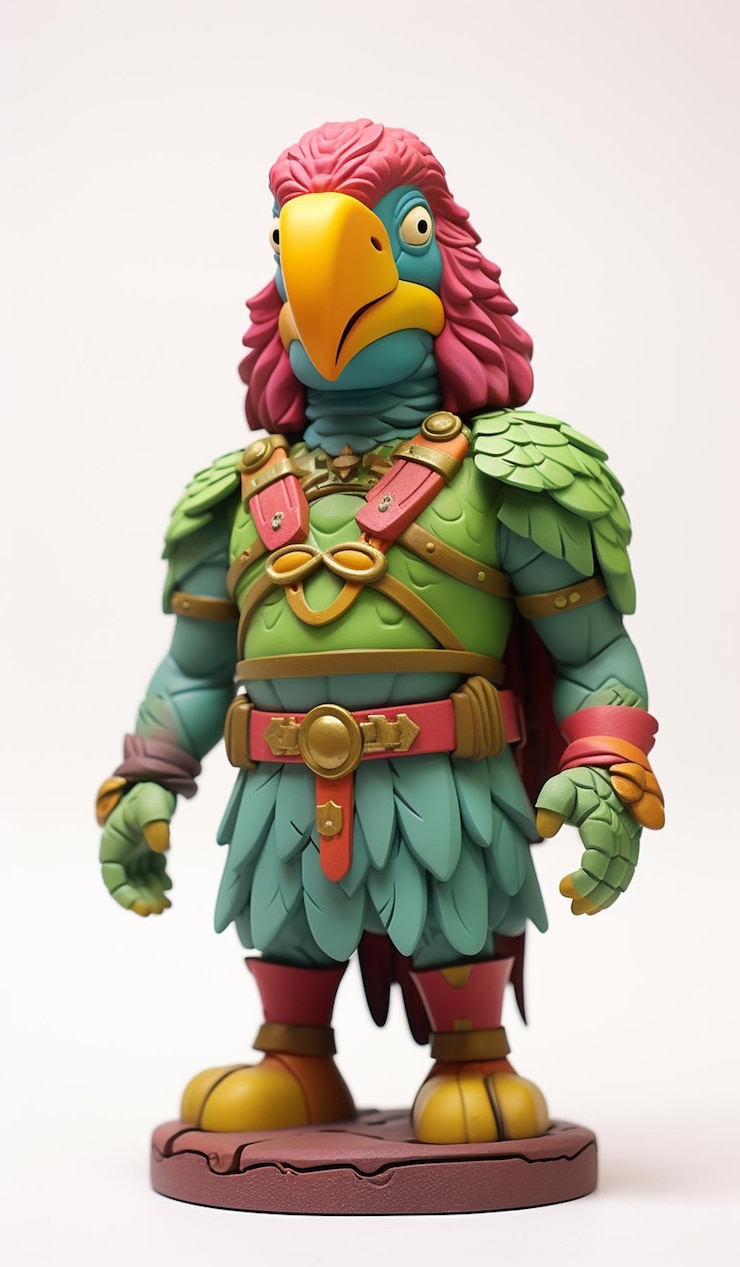 Foto um close de uma figura de brinquedo de um pássaro com uma roupa verde e rosa generativa ai
