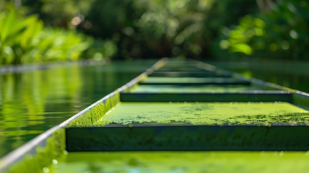 Um close de uma fileira de grandes lagoas planas de algas refletindo a cor verde brilhante dos microorganismos