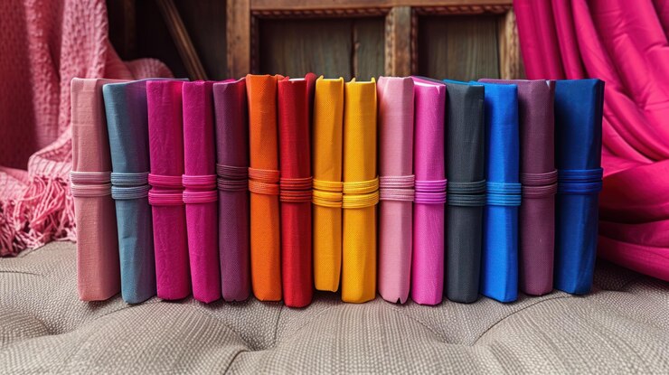 Foto um close de uma fileira de revistas coloridas encadernadas em couro