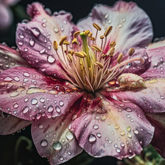 um close de uma flor com gotas de água generativa ai