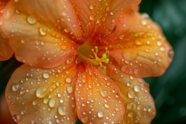 Um close de uma flor de laranja com gotas de água em um cenário natural