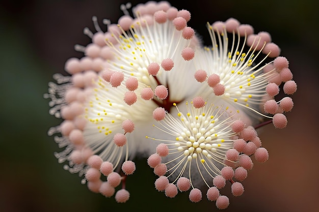 Um close de uma flor de mimosa com suas delicadas pétalas brancas e centros rosa criados com generativo