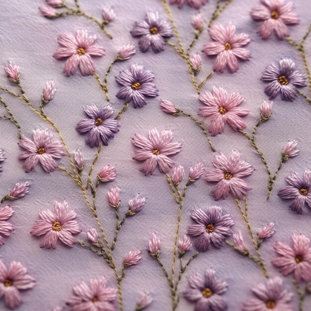 um close de uma flor rosa e roxa bordada em um pano branco generativo ai