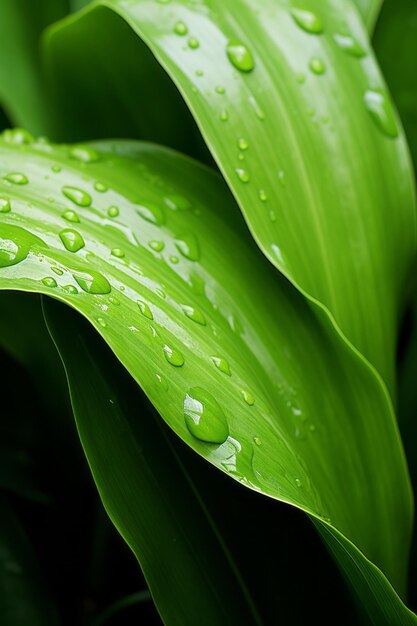 um close de uma folha verde com gotas de água