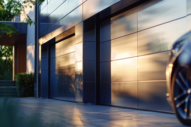 Foto um close de uma garagem de dois carros em uma casa moderna as portas da garagem são feitas de aço escovado refletindo a luz solar e acrescentando à estética geral da casa