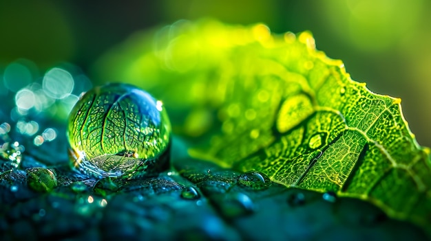 Foto um close de uma gota de água em uma folha ampliando a intrincada rede de veias.