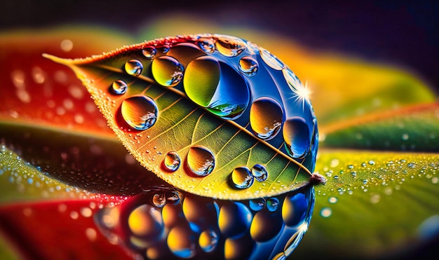 Foto um close de uma gota de água em uma folha ou flor refletindo as cores e texturas circundantes