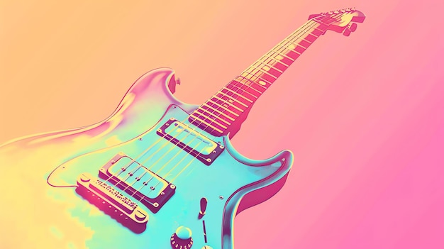 Foto um close de uma guitarra elétrica em cores pastel azul e rosa contra um fundo rosa a guitarra está em um ângulo de 45 graus
