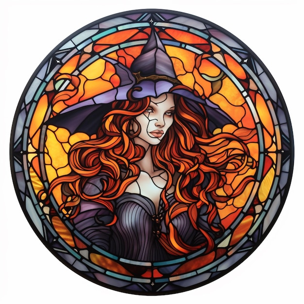 um close de uma imagem de vitral de uma mulher com um chapéu gerativo de IA