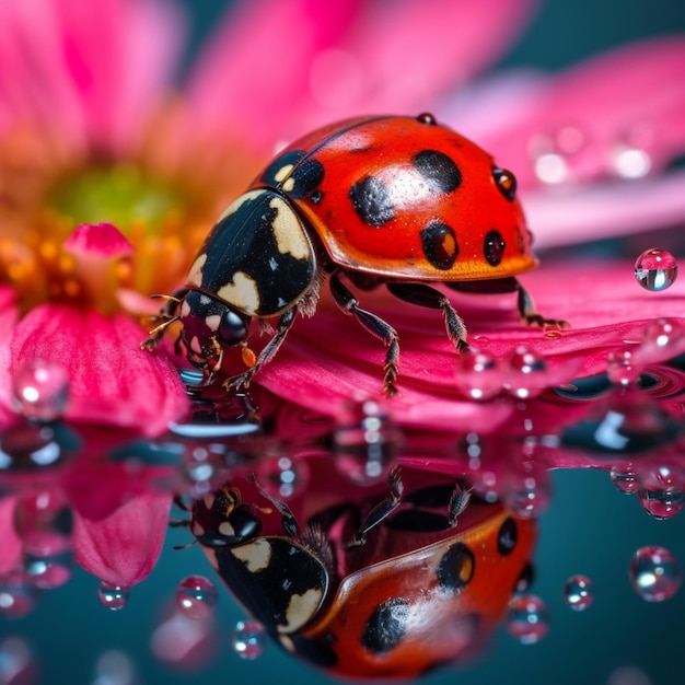 um close de uma joaninha em uma flor rosa com gotas de água generativa ai