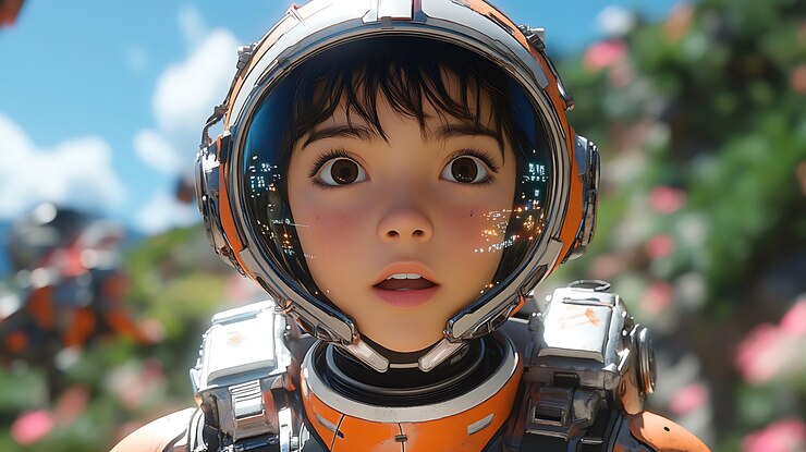 Foto um close de uma jovem com um capacete futurista olhando para a distância