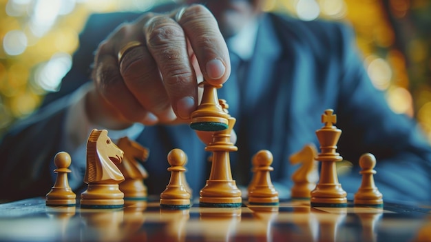 Um close de uma mão capturando um peão em um tabuleiro de xadrez destacando o pensamento crítico envolvido