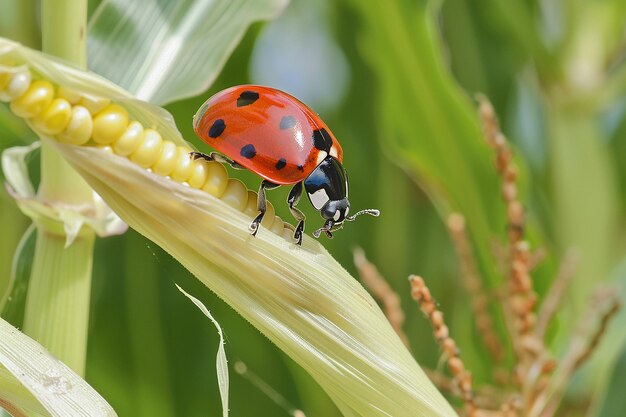 Um close de uma mariposa subindo em uma planta de milho jovem destacando a agricultura ecológica